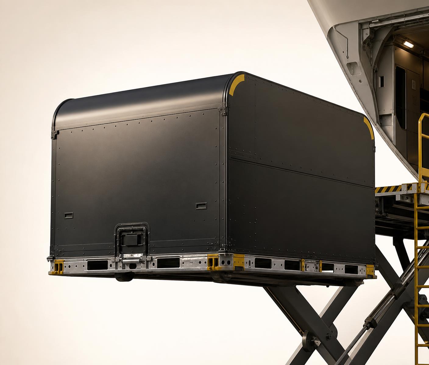 Black aircraft unit load device on a cargo loader