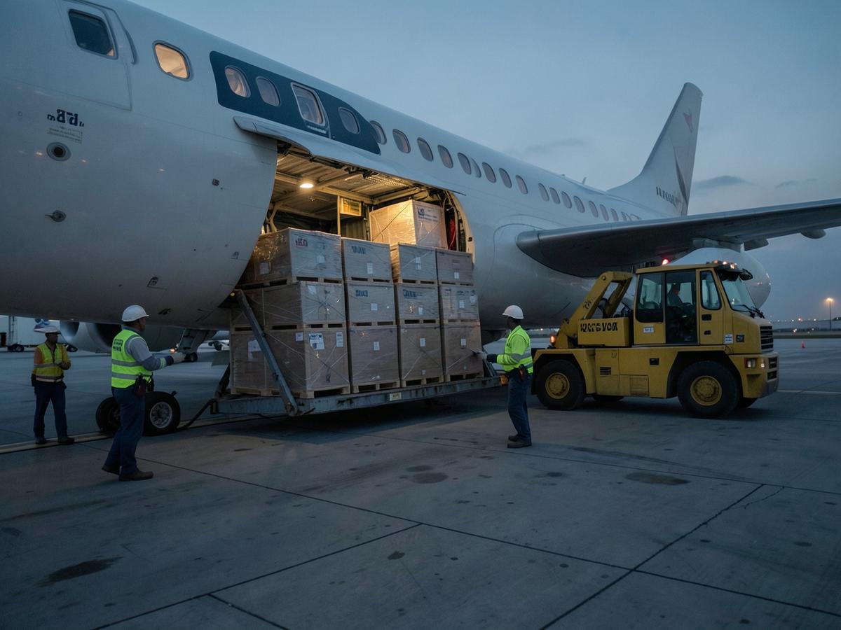 Cargo pallets loaded into a freight aircraft