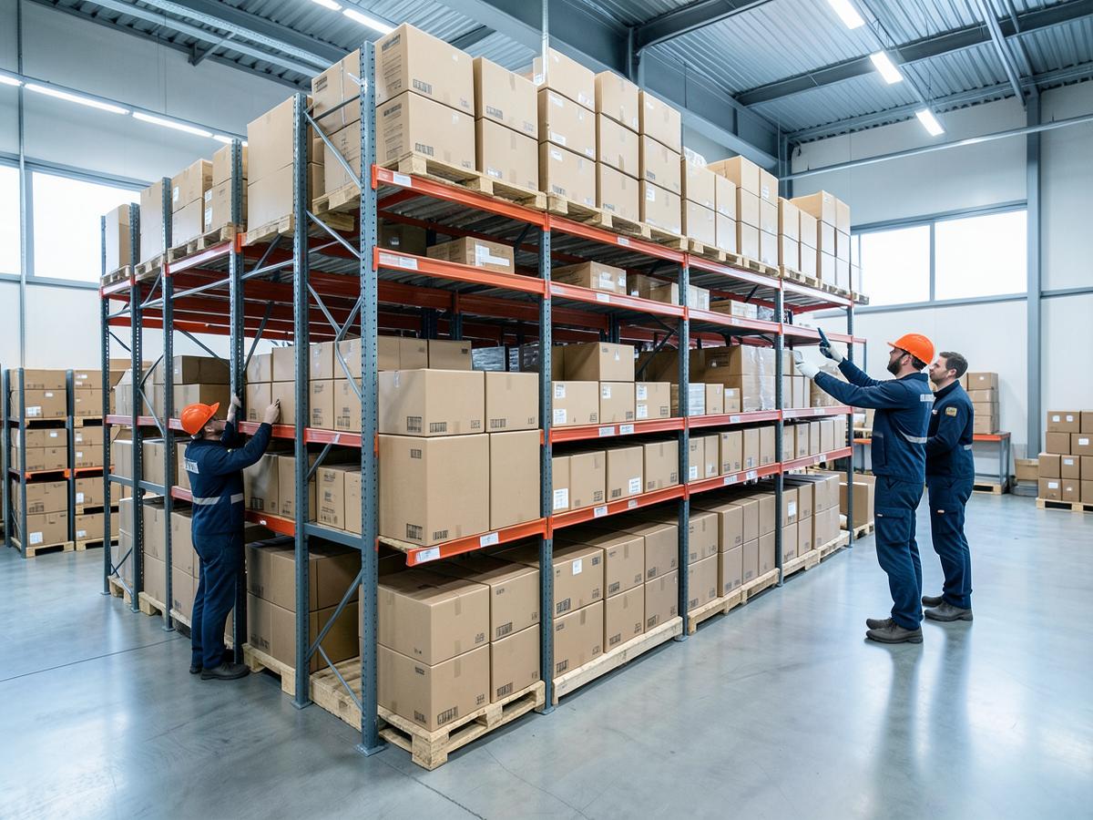 Warehouse staff sorting parcels on storage racks